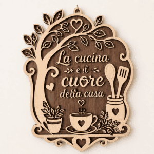 Decorazione cucina in legno da appendere – “La cucina è il cuore della casa” – Quadro artigianale, regalo per casa nuova