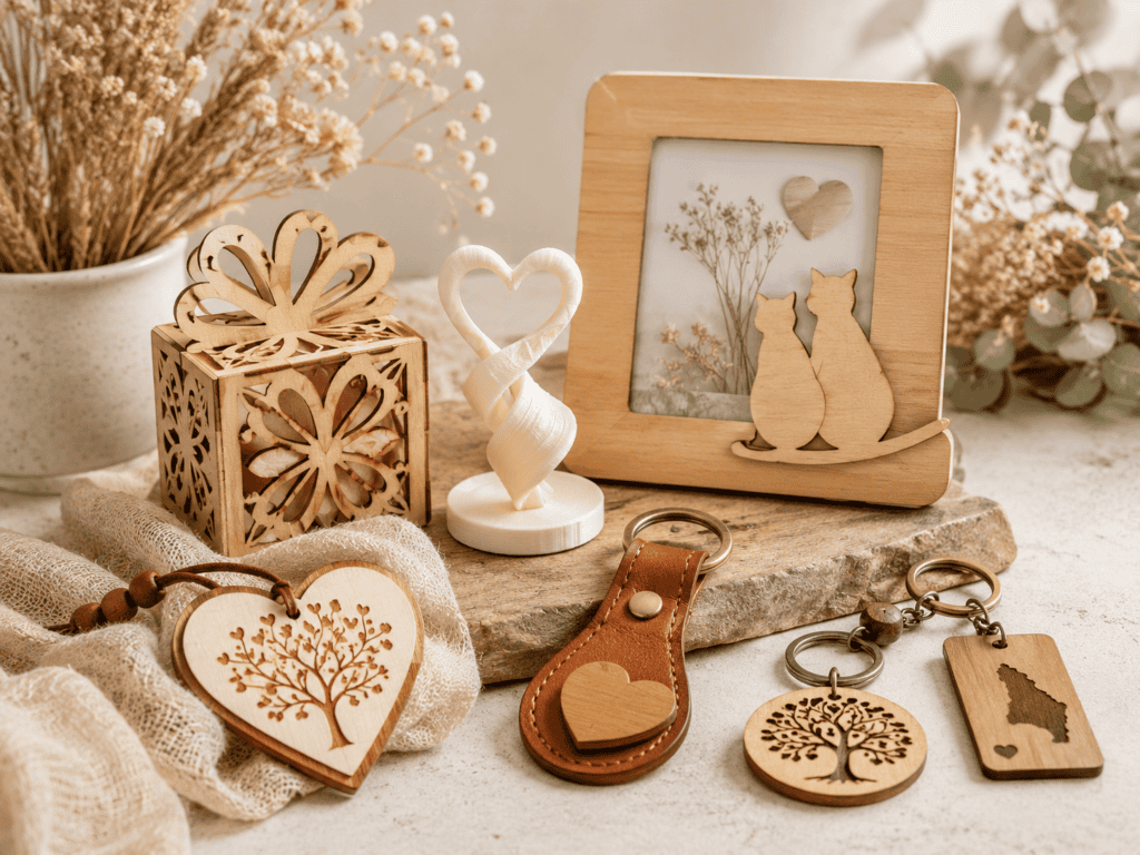 Composizione di prodotti artigianali Artedue con portachiavi in legno e pelle, cornice personalizzata, decorazioni a cuore e oggetti regalo fatti a mano.